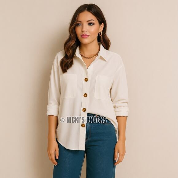 Magaschoni White Oversized Gold Button Shirt Blouse Relaxed Fit Cotton XS NWT - Picture 11 of 12